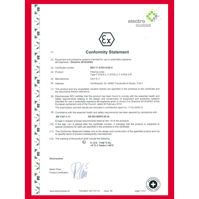 Prodotto verificato e certificato da Electro Suisse con il certificato nr. SEV 17 ATEX 0126 X  
