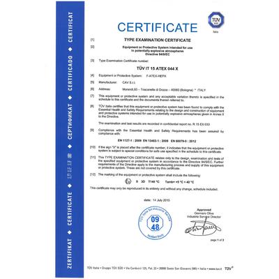 This product has been tested and certified by TUV Italia with certificate no. TUV IT 15 ATEX 044 X